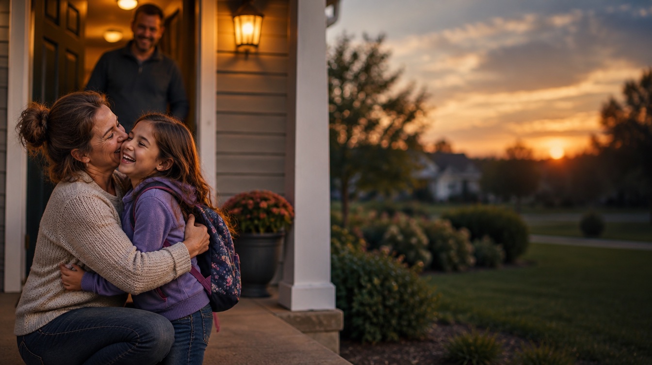 A foster mom hugging a laughing girl on the front porch while the foster dad smiles in the doorway