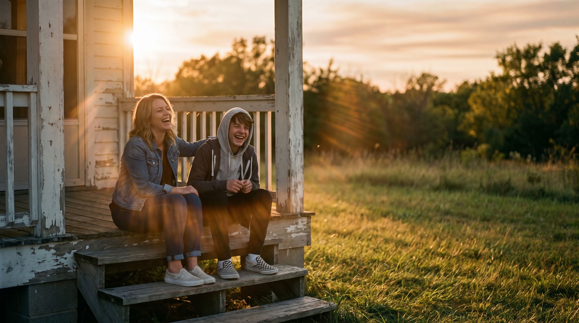 A foster mom and a teenage boy laughing together on their front steps at sunset