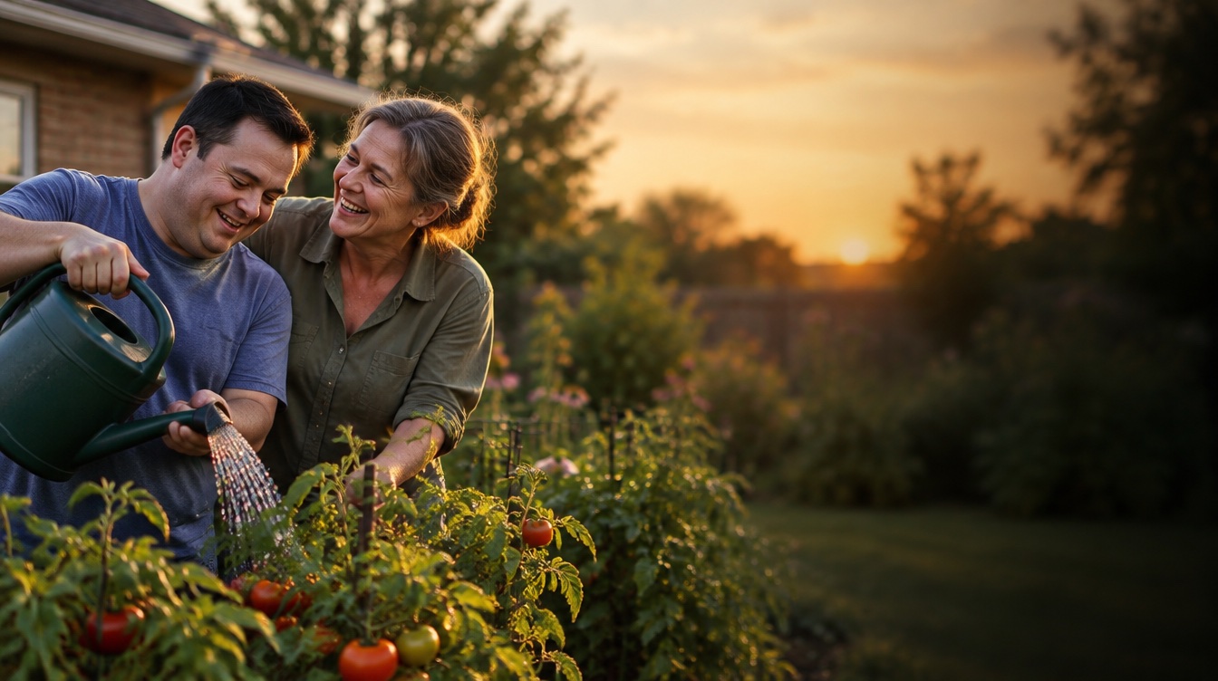 A man with Down syndrome and his host mom laughing while they water tomatoes in the garden at sunset